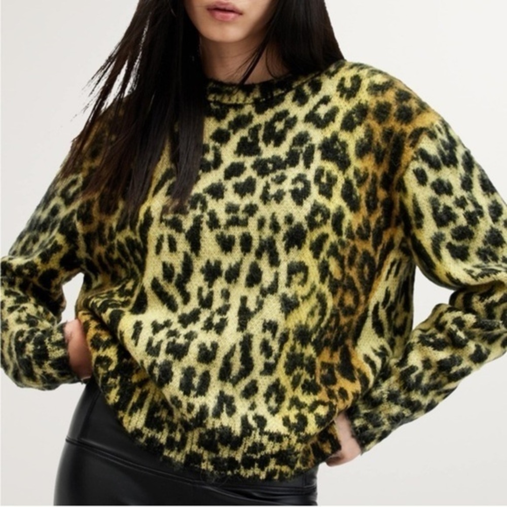 AllSaints Lex Jumper in Electric Yellow Leopard Print Mohair Blend